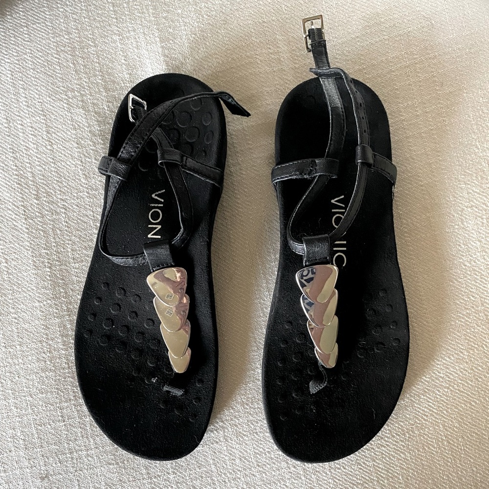 Viconic orthopedic t-strap sandals, black and silver.